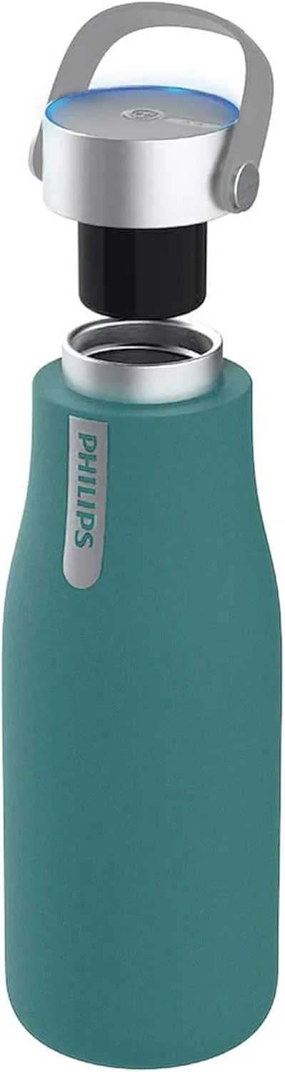 PHILIPS Water GoZero UV Self-Cleaning Smart Water Bottle Vacuum Stainless Steel Insulated Water Bottle with Handle Double-wall, Auto Cleaning, Keep Drink Hot or Cold, BPA Free, Green, 20 oz