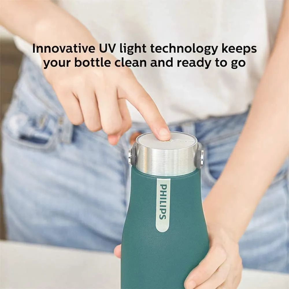 PHILIPS Water GoZero UV Self-Cleaning Smart Water Bottle Vacuum Stainless Steel Insulated Water Bottle with Handle Double-wall, Auto Cleaning, Keep Drink Hot or Cold, BPA Free, Green, 20 oz