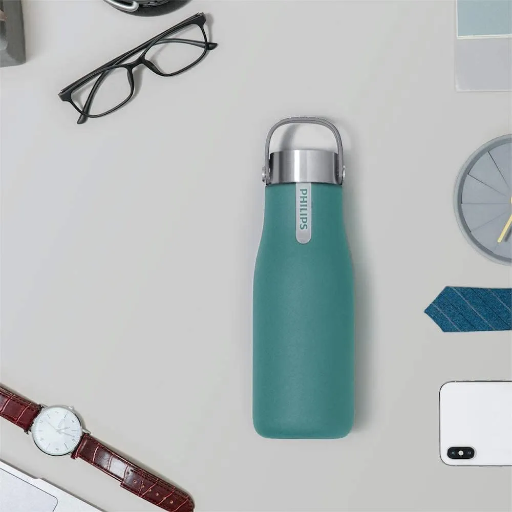PHILIPS Water GoZero UV Self-Cleaning Smart Water Bottle Vacuum Stainless Steel Insulated Water Bottle with Handle Double-wall, Auto Cleaning, Keep Drink Hot or Cold, BPA Free, Green, 20 oz