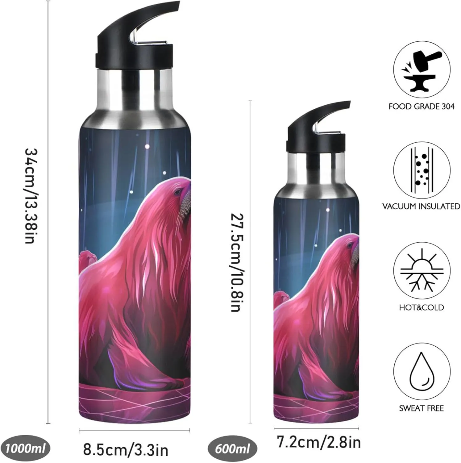 Pink Pattern Art Walrus Sport Water Bottle Insulated Stainless Steel Large Vacuum Flask Leak Proof Thermos with Straw for Travel(600ml/1000ml)