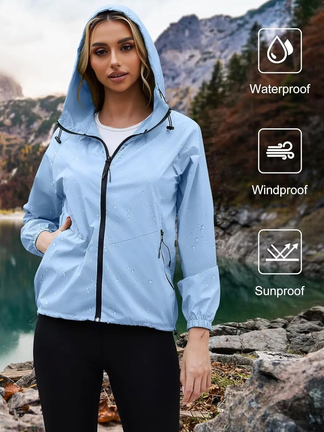 PITINAN Rain Jacket Women Waterproof Lightweight Jacket With Hood Packable Raincoat with Pockets S-XXL