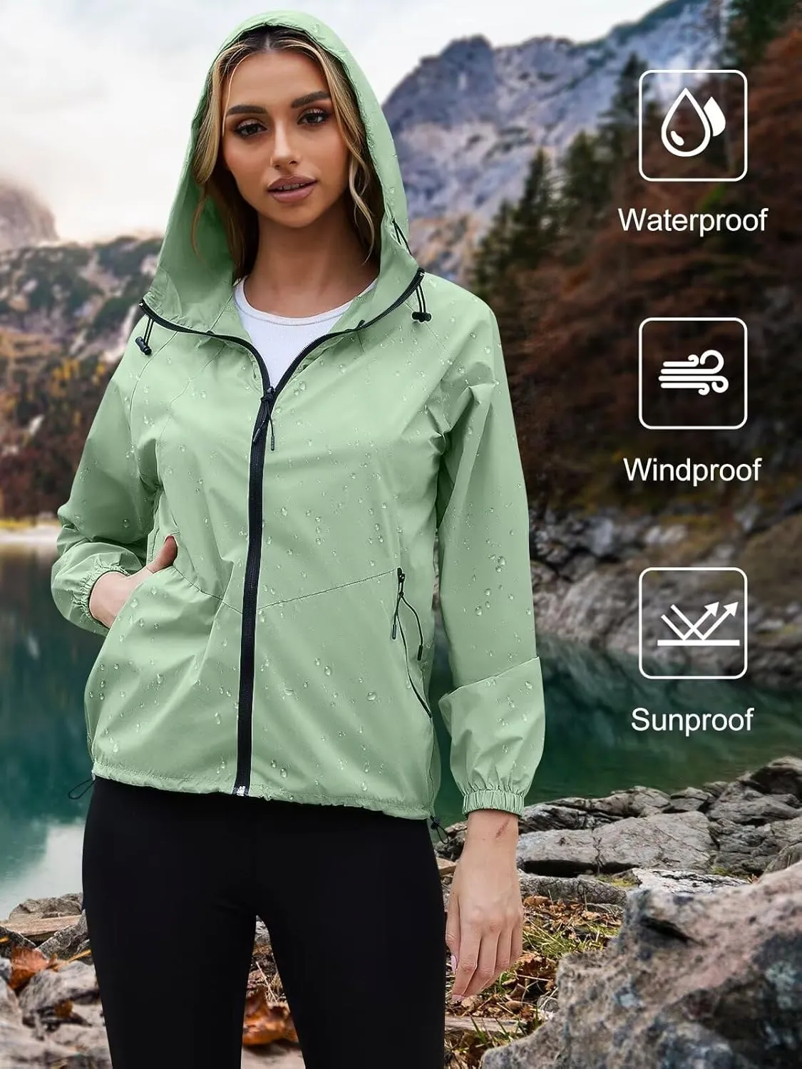 PITINAN Rain Jacket Women Waterproof Lightweight Jacket With Hood Packable Raincoat with Pockets S-XXL