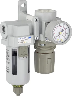 PneumaticPlus SAU320-N03G Compressed Air Filter Regulator Combo 3/8" NPT - Poly Bowl, Manual Drain, Bracket, Gauge