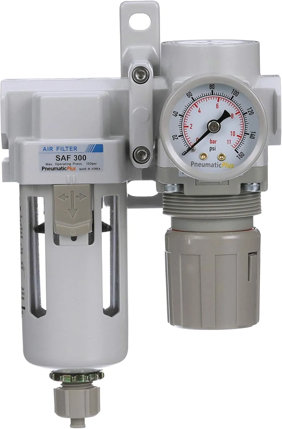 PneumaticPlus SAU320-N03G Compressed Air Filter Regulator Combo 3/8" NPT - Poly Bowl, Manual Drain, Bracket, Gauge