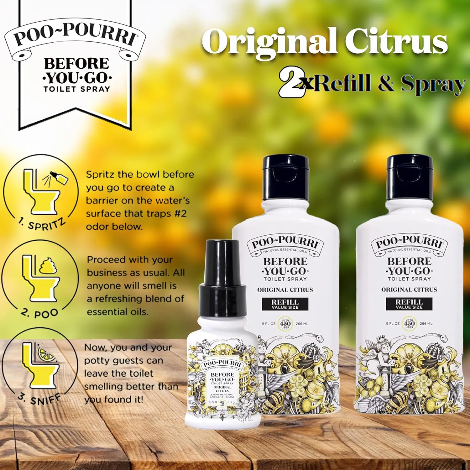 Poo Pourri Original Citrus Two 9-Ounce Refill Bottle and 1.4-Ounce Original