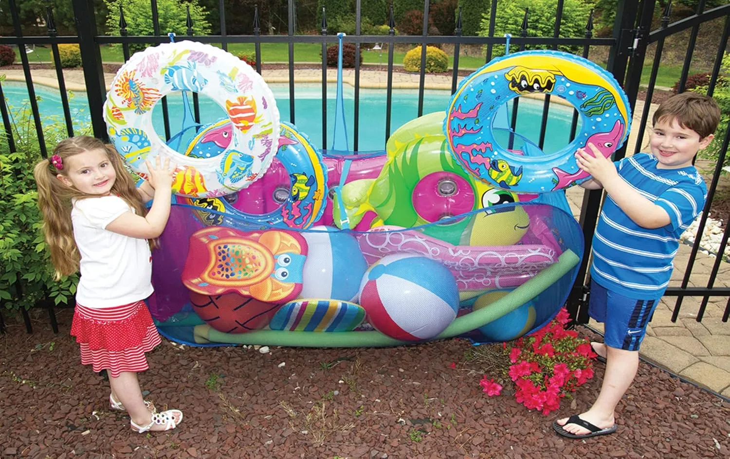 POOL BLASTER Water Tech Pool Pouch – Versatile Pool Storage for Floats, Balls, Inflatable Toys, Patio Accessories - Heavy Duty Reinforced Attaches to Pool Side, Fence or Free Standing