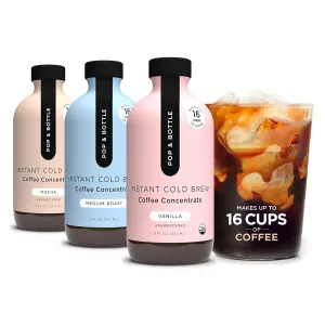 Pop & Bottle Super Concentrate, Sampler (Classic, Mocha, Vanilla) - Cold Brew Coffee Organic Coffee, Concentrated Brew, USDA Organic, Makes Up to 16 Cups 8 Fl Oz, 3 Pack 24 Oz