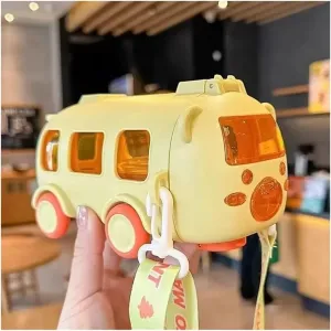Portable Bear Water Bottle with Shoulder Strap Kid Cute Car Straw Water Cup Bus Shape Children's Water Bottle 500ml Drinking Cup(Yellow)