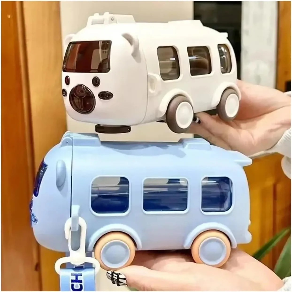 Portable Bear Water Bottle with Shoulder Strap Kid Cute Car Straw Water Cup Bus Shape Children's Water Bottle 500ml Drinking Cup(Yellow)