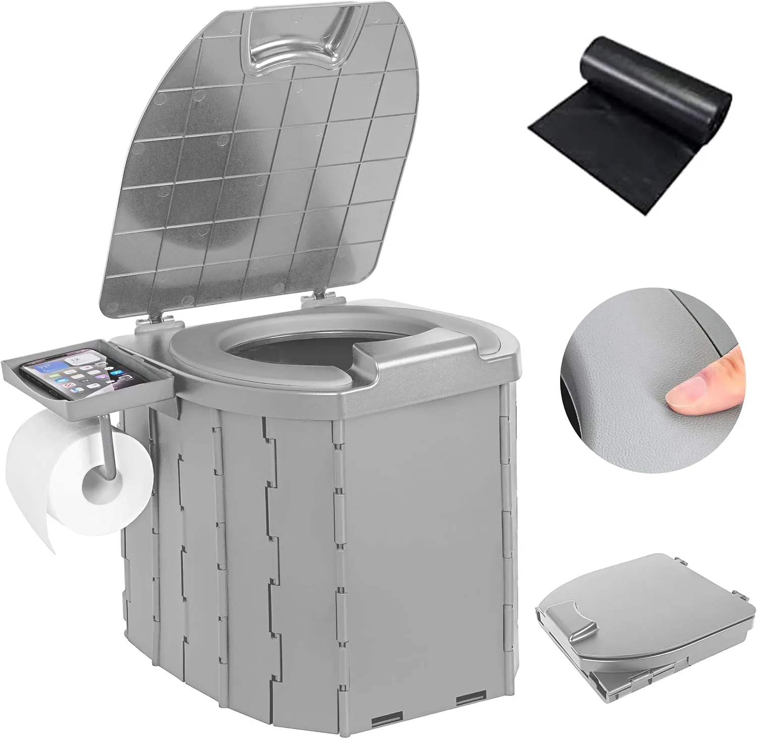 Portable Camping Toilet Upgraded Soft Camp Toilet Seat with Paper Holder- Travel Potty Perfect for Emergency Preparedness, Backcountry, Car, Boat, Road Trips. (GRAY)
