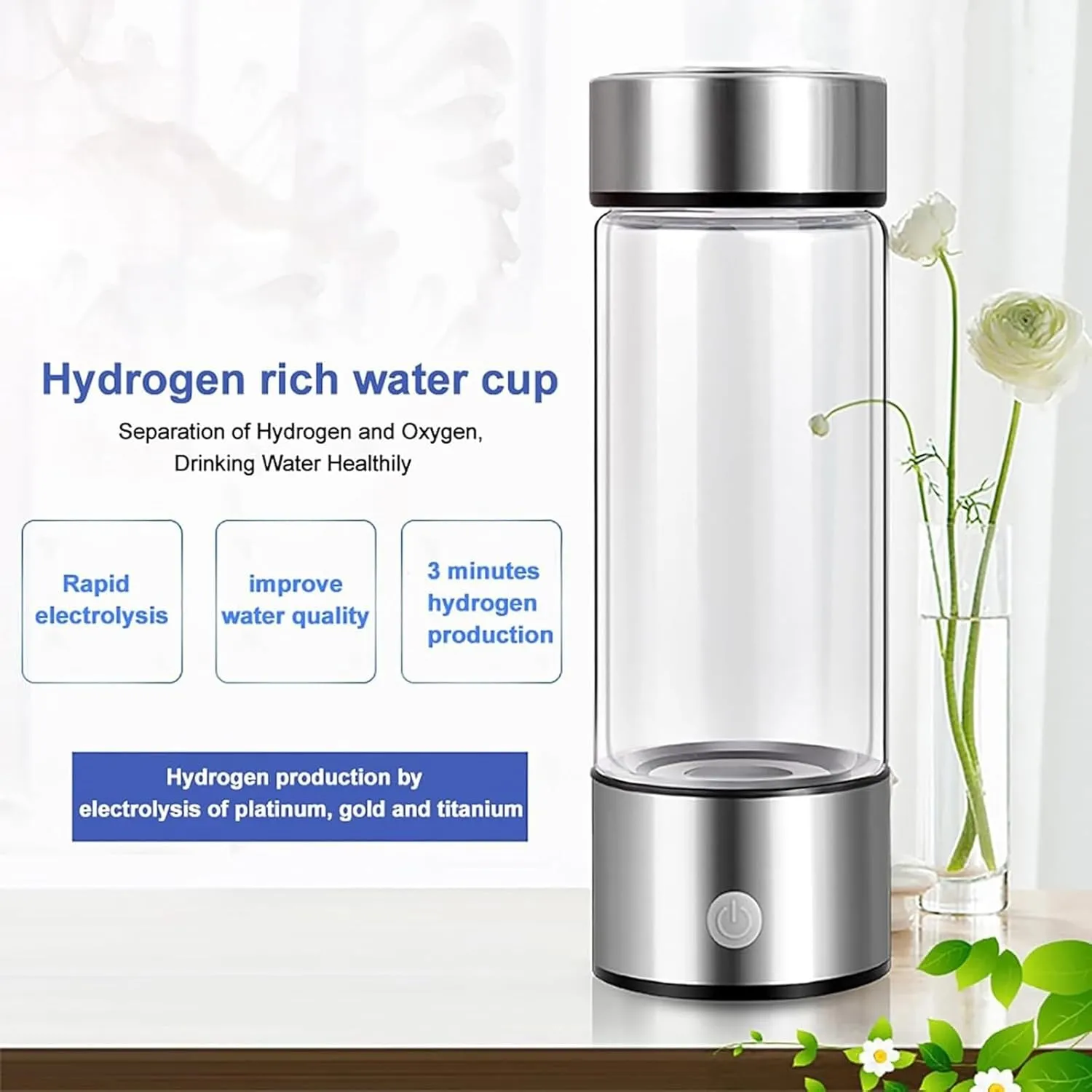 Portable Hydrogen Water Ionizer Machine, Hydrogen Water Bottle, Hydrogen Water Generator, Hydrogen Rich Water Glass Health Cup for Home Office Travel Gift(B), Size