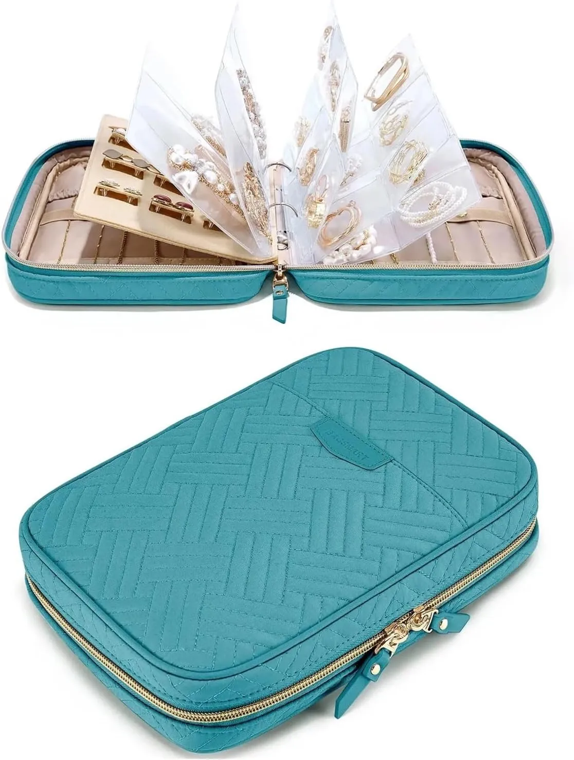 Portable Jewelry Travel Organizer,Transparent Jewelry Storage, Book Ring Binder Pouch Bag, Necklaces, Earrings, Rings Case, Bracelets (Color : Teal)