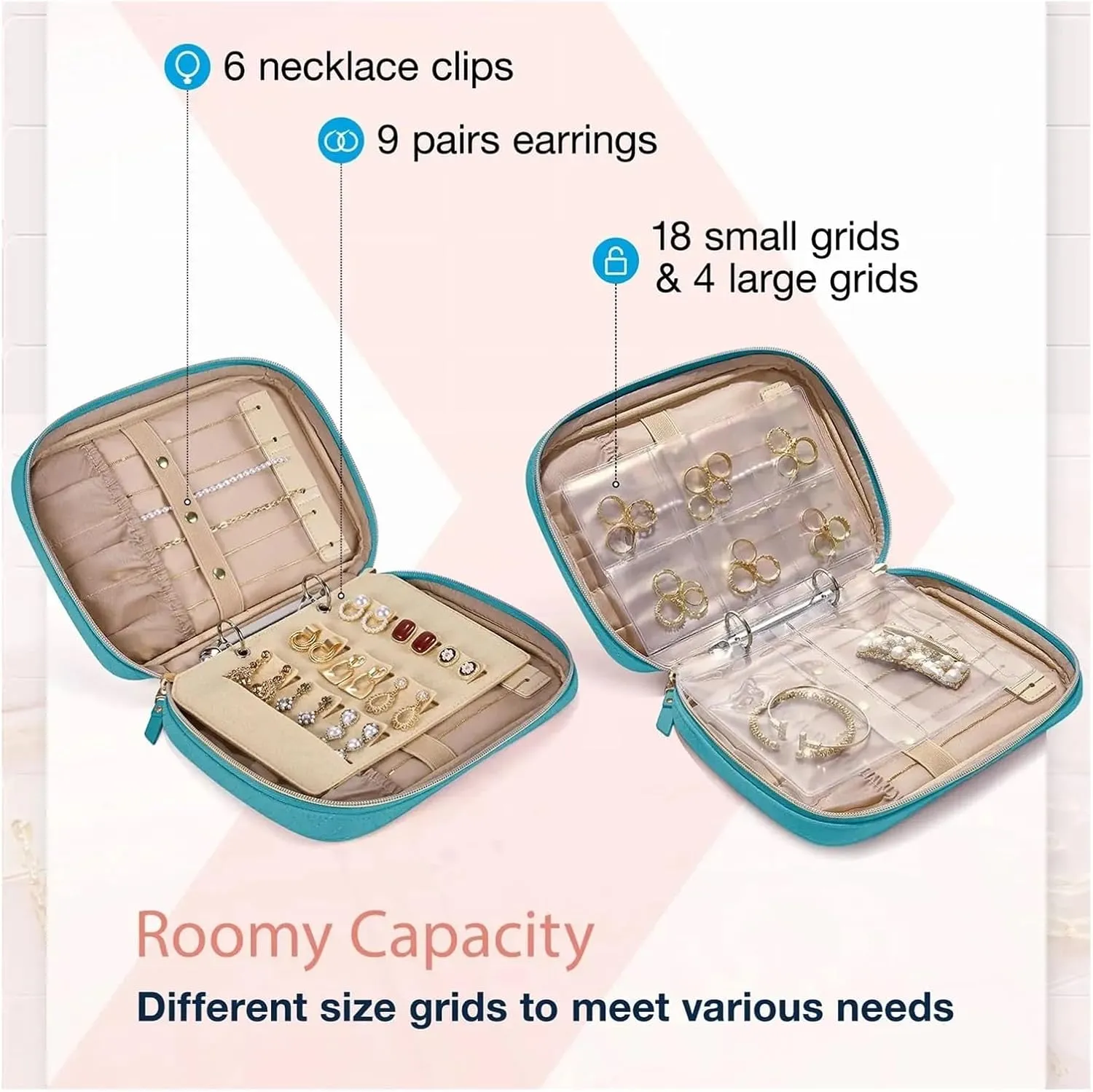 Portable Jewelry Travel Organizer,Transparent Jewelry Storage, Book Ring Binder Pouch Bag, Necklaces, Earrings, Rings Case, Bracelets (Color : Teal)
