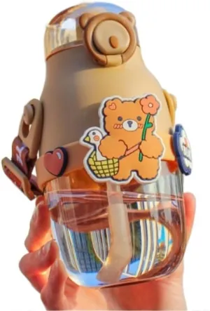 Portable Kettle with Silicone Sleeve and Straw Cute Cartoon Water Bottle School Sports Outdoor Leak-Proof Portable Water Bottle Water Bottle (Size : 480ml, Color : Brown)