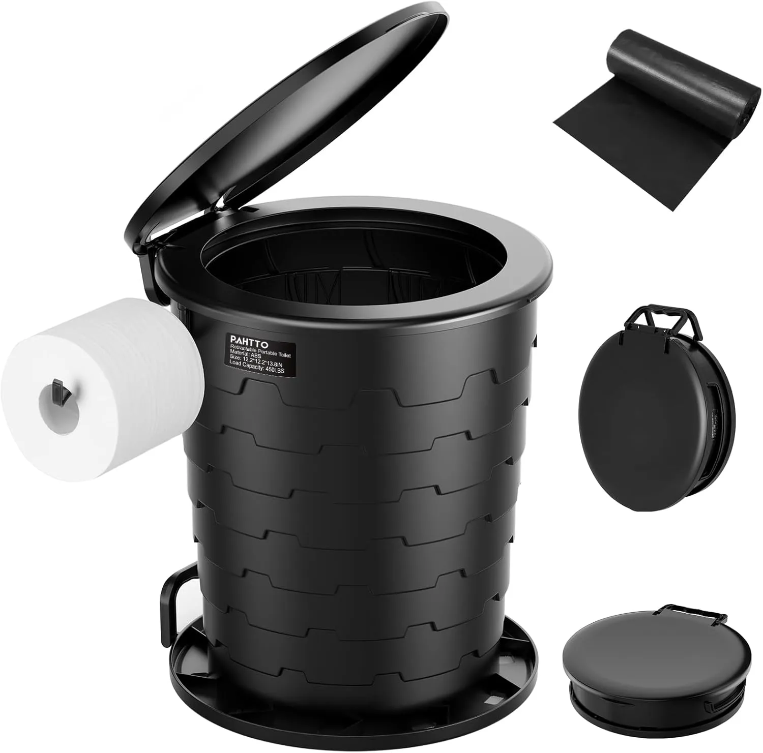 Portable Toilet for Adults, Retractable Porta Potty for Camping with Toilet Paper Holder and Lid, Foldable Toilet Adjustable Height for Camping, Hiking, Fishing, RV Travel, Road Trips