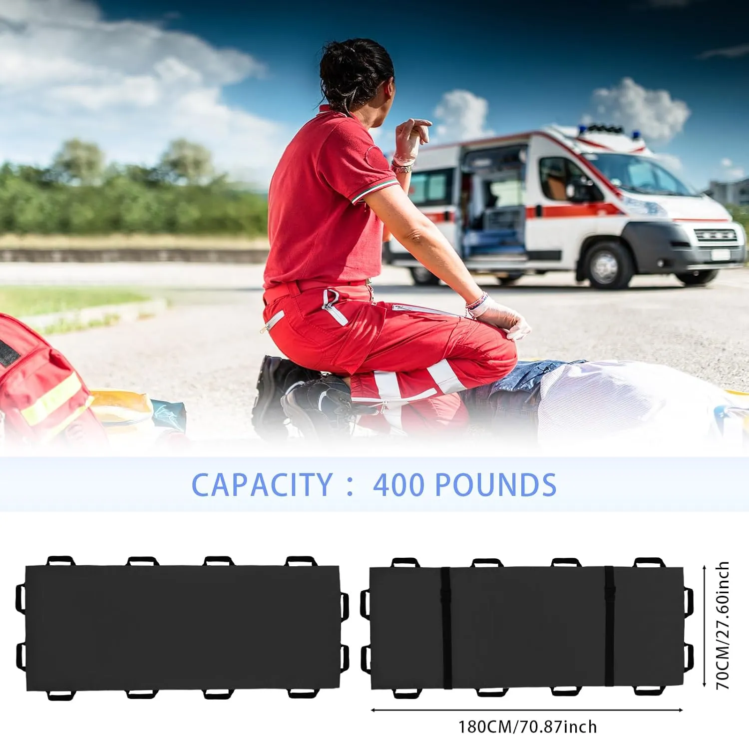 Portable Transport Stretcher with 12 Handles Carrying Bag Patient Animal Mover Travel Size Emergency Casualty Evacuation-Capacity 400lbs (Black2025)