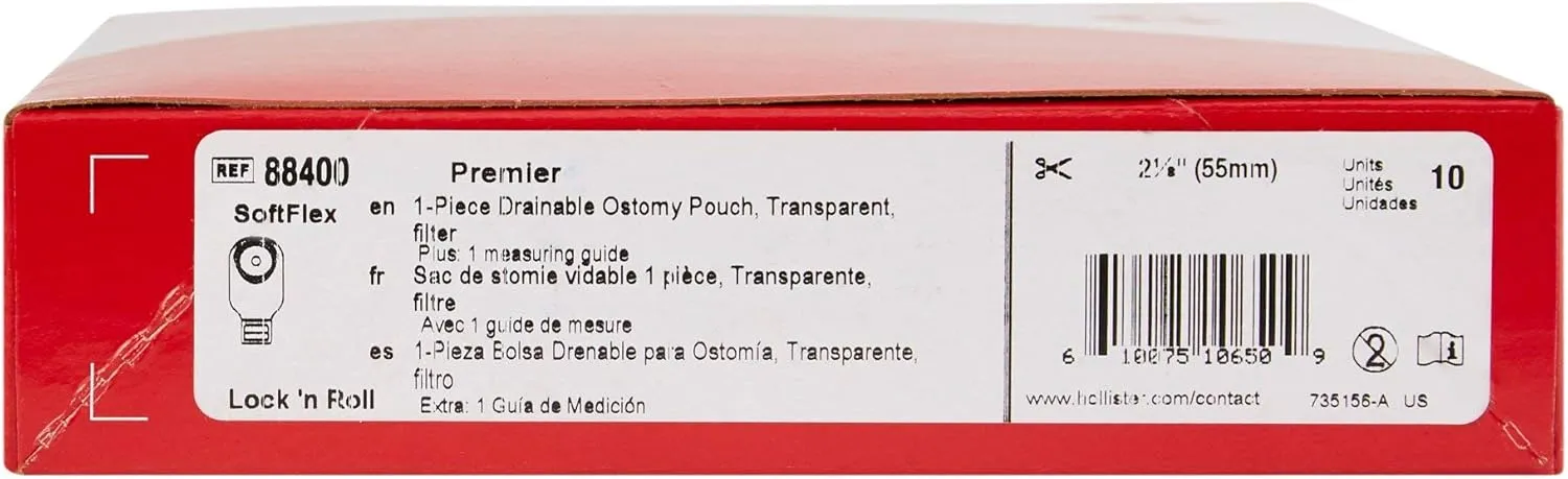 Premier Colostomy Pouch Drainable 5/8 to 2-1/8 Inch Stoma 12"L 1pc System Transparent 88400, 10 Ct