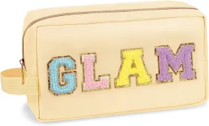 Preppy Nylon Cosmetic Bag Glam Pouch for Women Girls, Waterproof Portable Makeup Bag with Chenille Letter Patches, Zipper Pouch Storage Purse Organizer for Travel