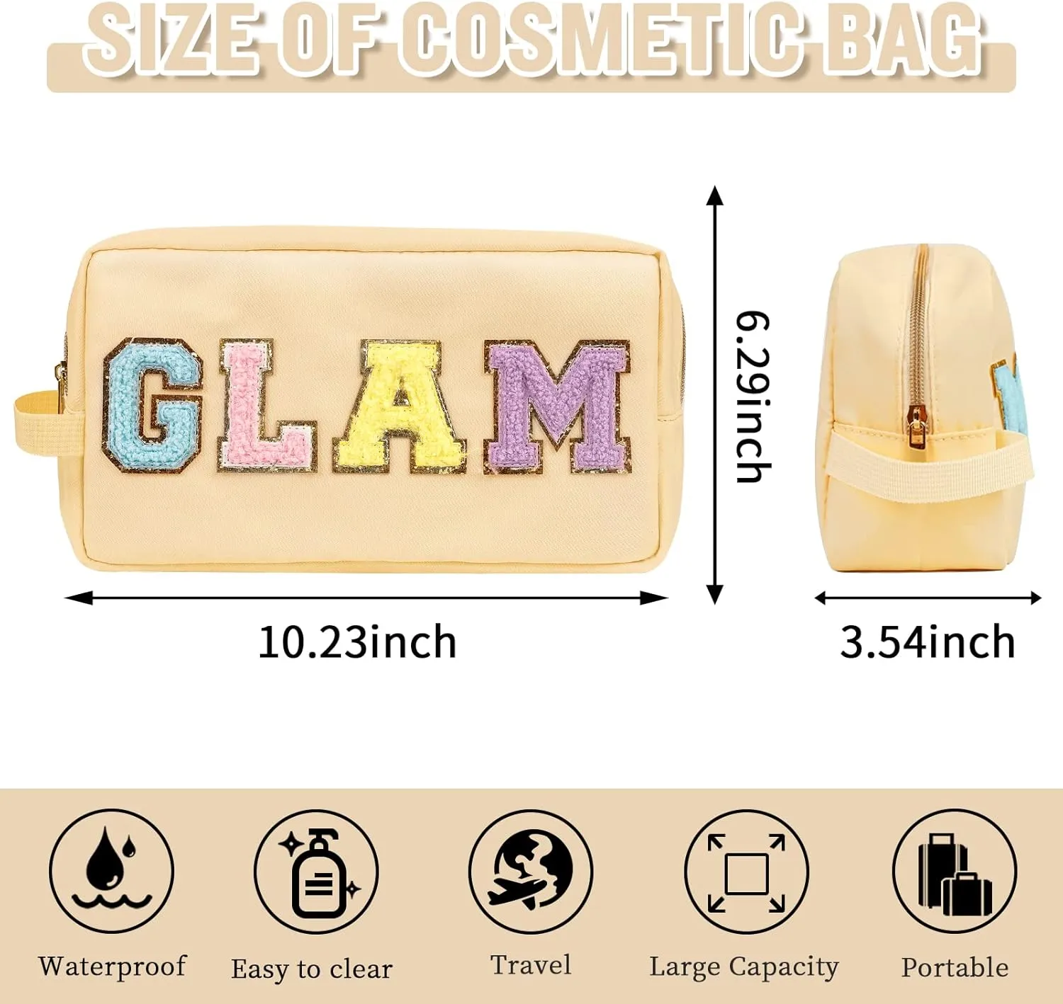 Preppy Nylon Cosmetic Bag Glam Pouch for Women Girls, Waterproof Portable Makeup Bag with Chenille Letter Patches, Zipper Pouch Storage Purse Organizer for Travel