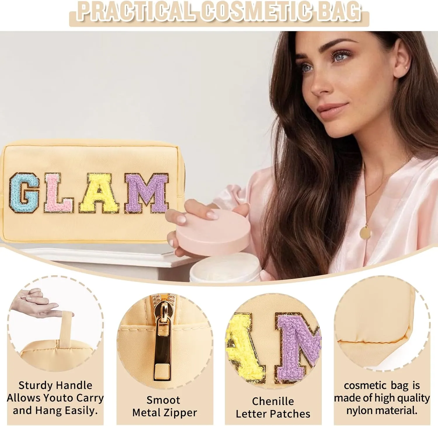 Preppy Nylon Cosmetic Bag Glam Pouch for Women Girls, Waterproof Portable Makeup Bag with Chenille Letter Patches, Zipper Pouch Storage Purse Organizer for Travel