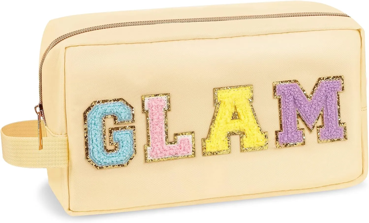 Preppy Nylon Cosmetic Bag Glam Pouch for Women Girls, Waterproof Portable Makeup Bag with Chenille Letter Patches, Zipper Pouch Storage Purse Organizer for Travel