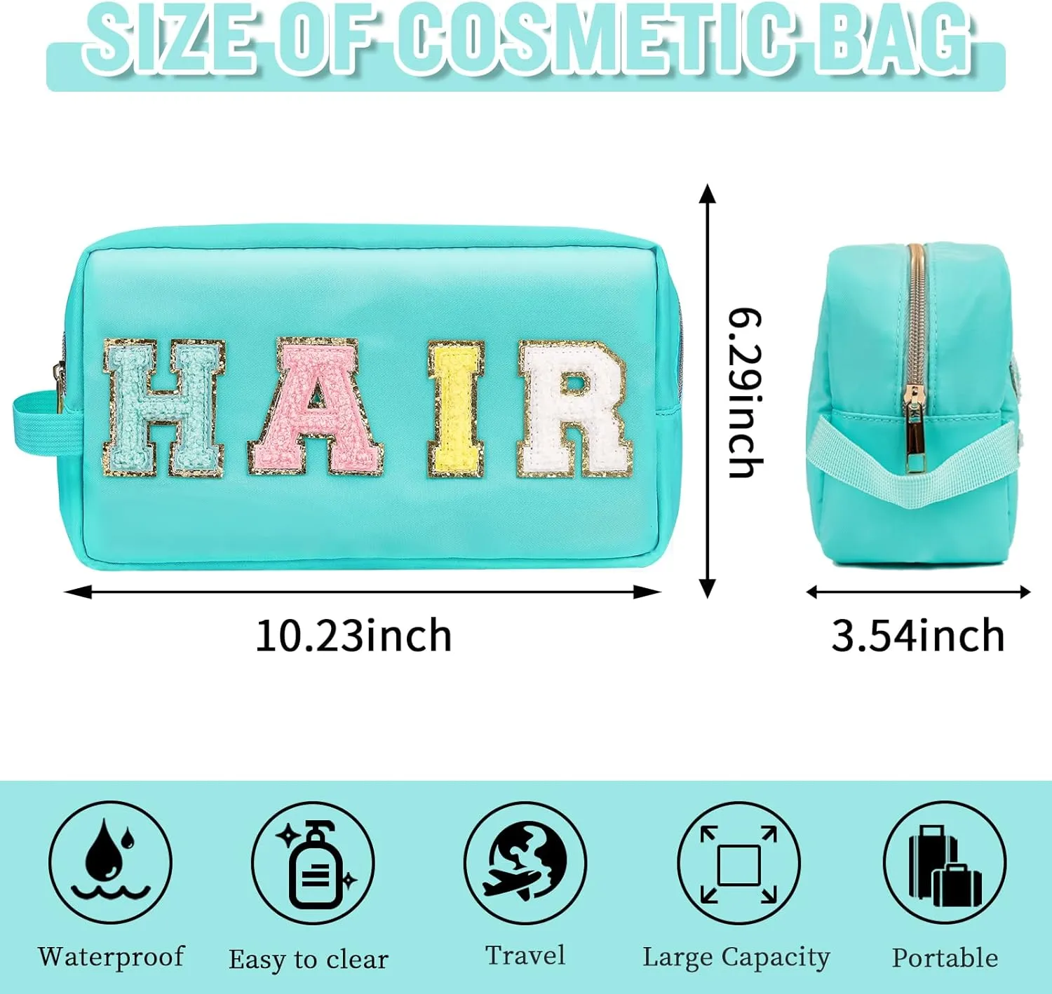 Preppy Nylon Cosmetic Bag Hair Pouch for Women Girls, Portable Makeup Bag with Chenille Letter Patches, Zipper Pouch Storage Purse Waterproof Organizer for Travel(Green Hair)