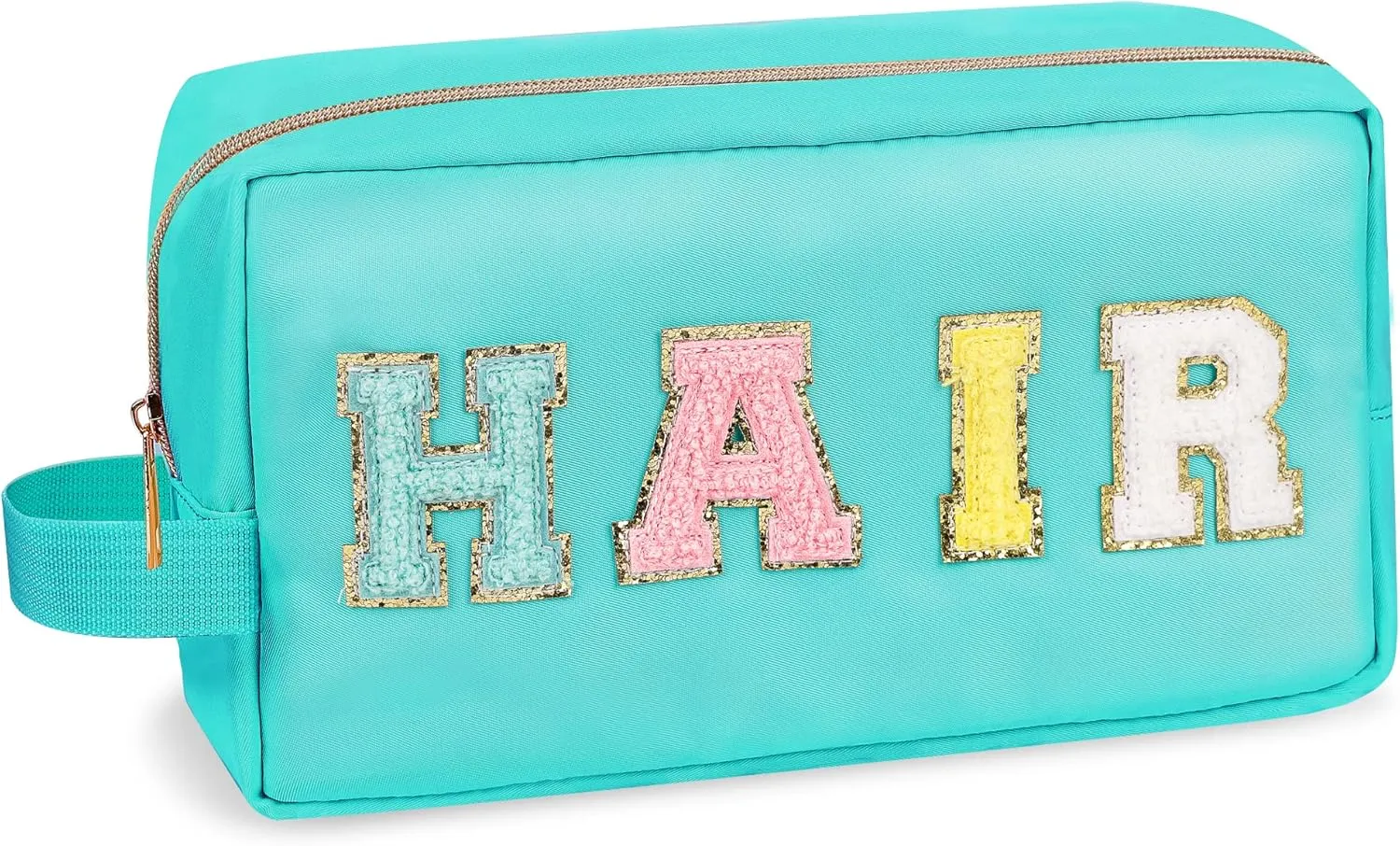 Preppy Nylon Cosmetic Bag Hair Pouch for Women Girls, Portable Makeup Bag with Chenille Letter Patches, Zipper Pouch Storage Purse Waterproof Organizer for Travel(Green Hair)