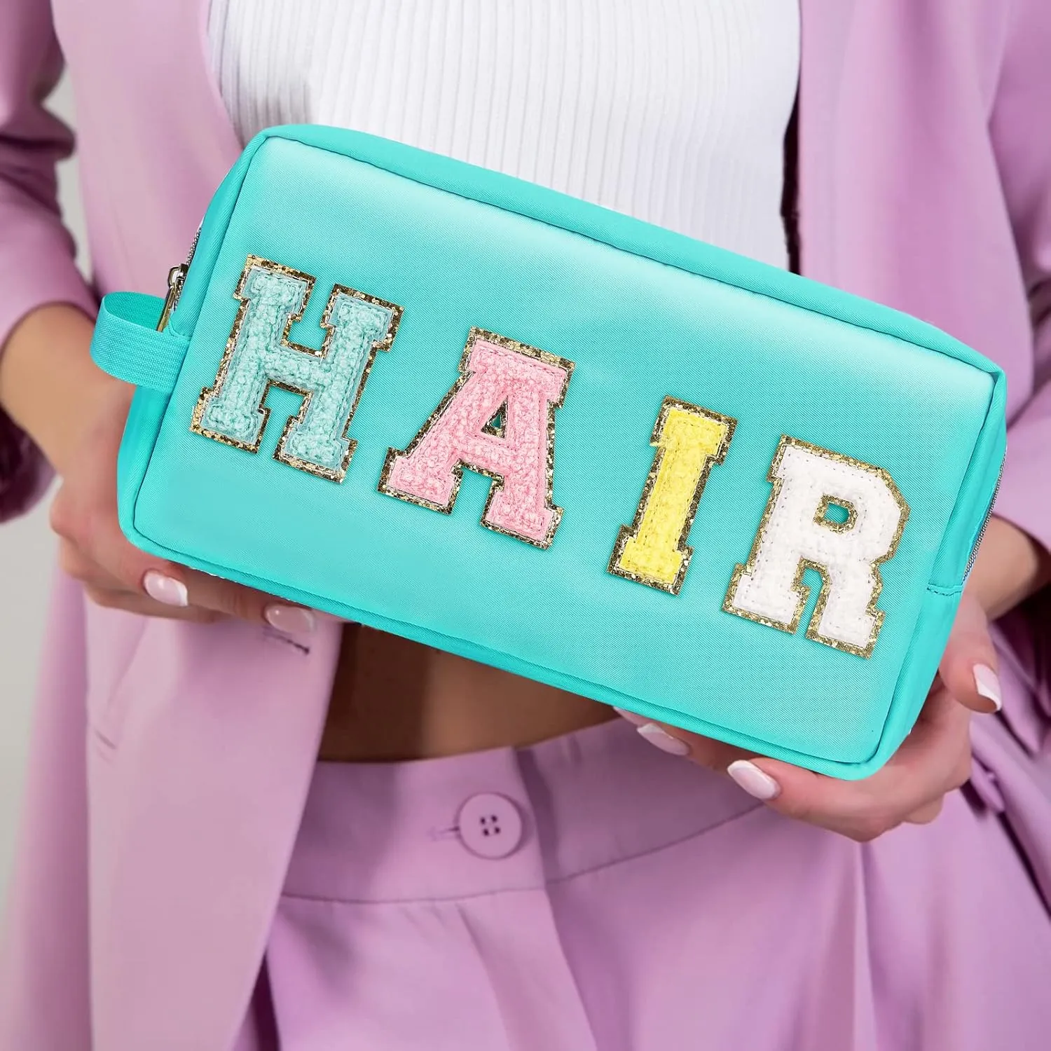 Preppy Nylon Cosmetic Bag Hair Pouch for Women Girls, Portable Makeup Bag with Chenille Letter Patches, Zipper Pouch Storage Purse Waterproof Organizer for Travel(Green Hair)