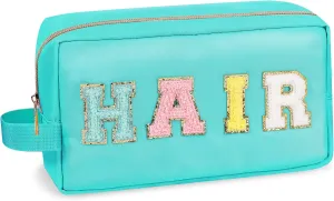 Preppy Nylon Cosmetic Bag Hair Pouch for Women Girls, Portable Makeup Bag with Chenille Letter Patches, Zipper Pouch Storage Purse Waterproof Organizer for Travel(Green Hair)