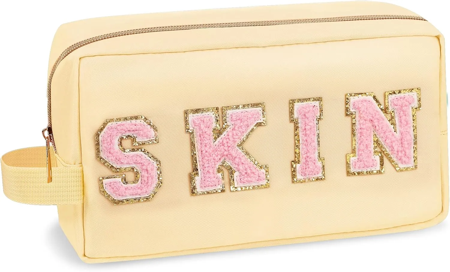 Preppy Nylon Cosmetic Bag Skin Pouch for Women Girls, Portable Makeup Bag with Chenille Letter Patches, Zipper Pouch Storage Purse Waterproof Organizer for Travel