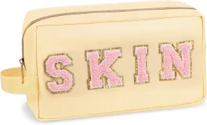 Preppy Nylon Cosmetic Bag Skin Pouch for Women Girls, Portable Makeup Bag with Chenille Letter Patches, Zipper Pouch Storage Purse Waterproof Organizer for Travel