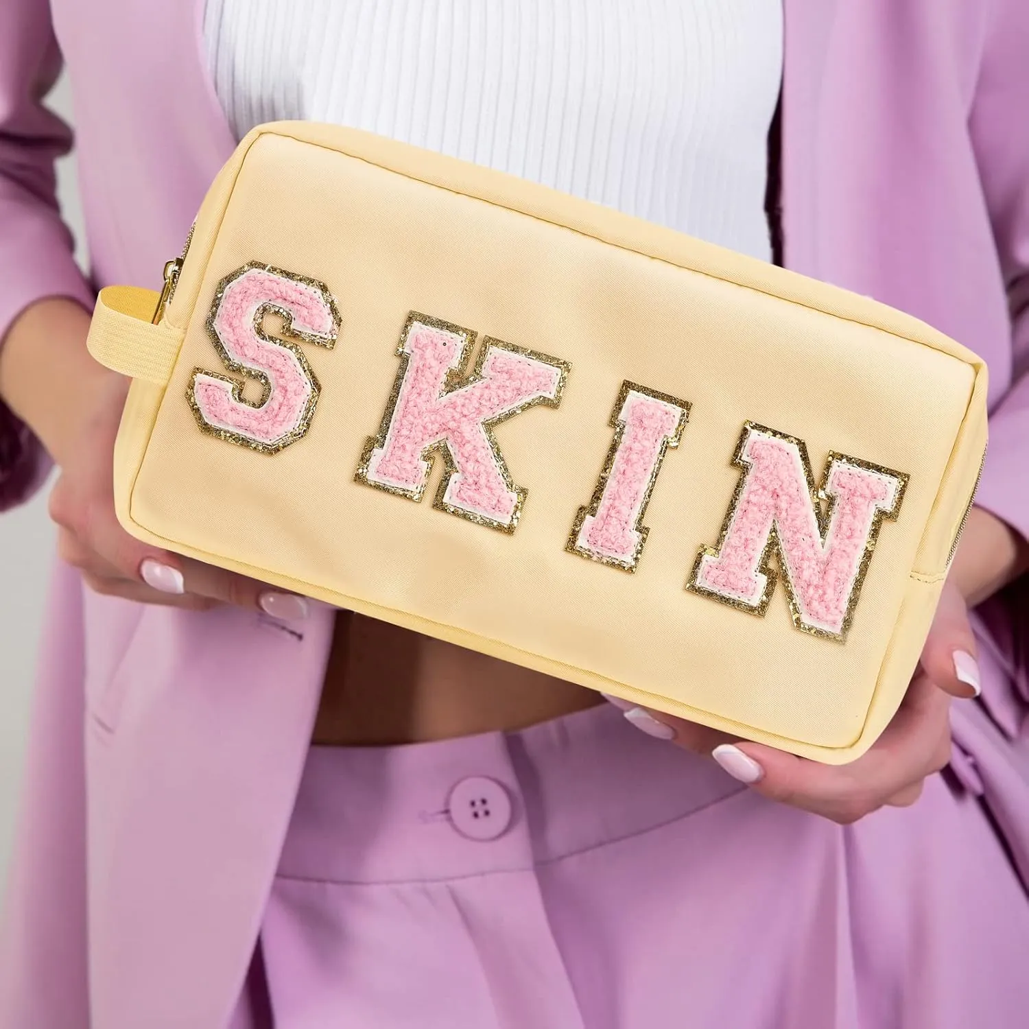 Preppy Nylon Cosmetic Bag Skin Pouch for Women Girls, Portable Makeup Bag with Chenille Letter Patches, Zipper Pouch Storage Purse Waterproof Organizer for Travel