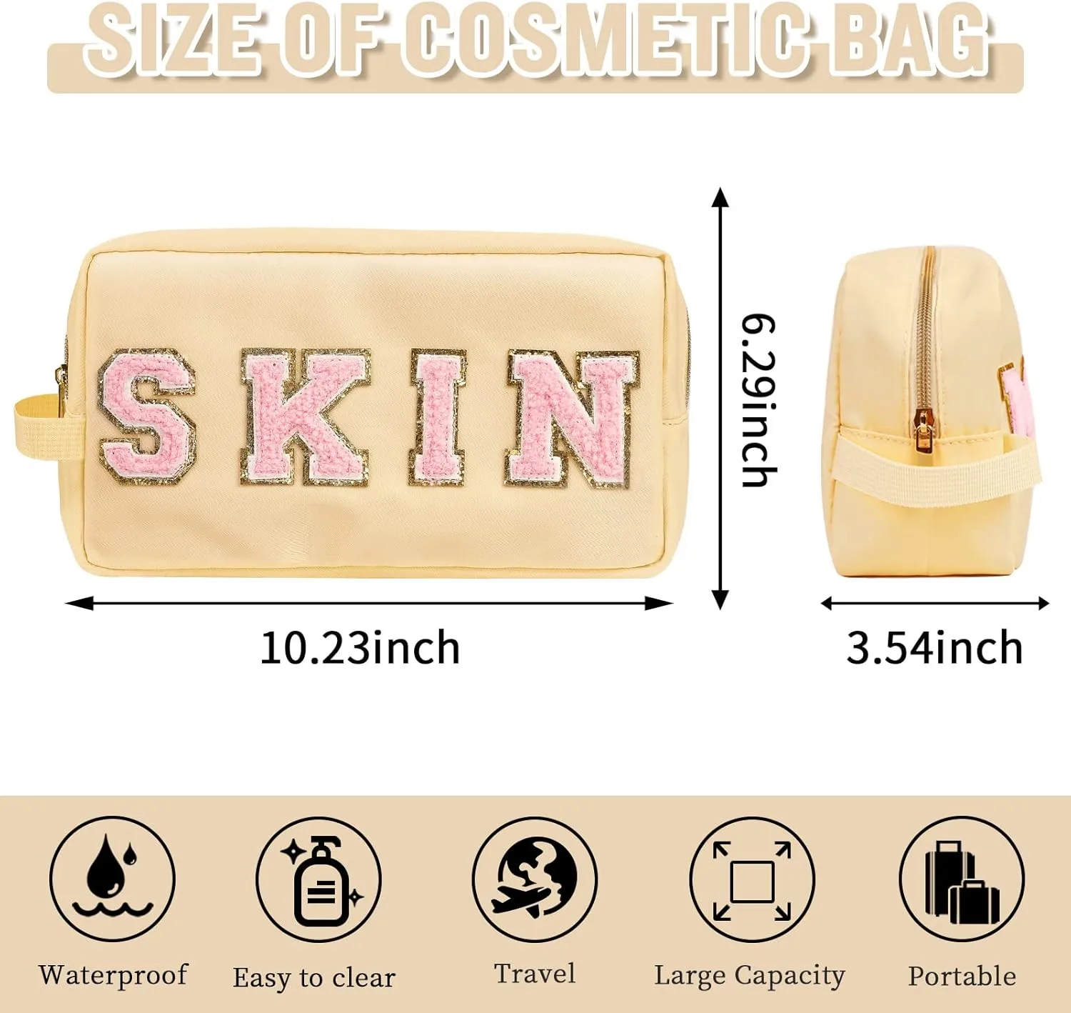 Preppy Nylon Cosmetic Bag Skin Pouch for Women Girls, Portable Makeup Bag with Chenille Letter Patches, Zipper Pouch Storage Purse Waterproof Organizer for Travel