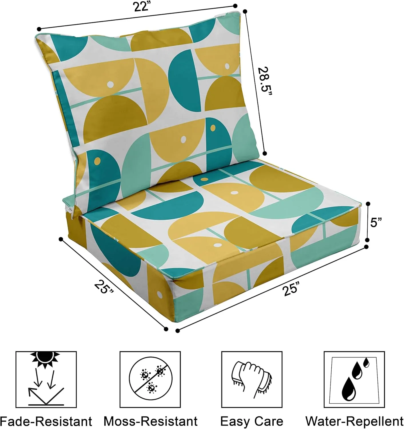 Printed Outdoor Deep Seat Patio Cushions Set 2pcs Seat Set All Weather Replacement Cushion Patio Seat and Back Cushion Set 25x25x5- White