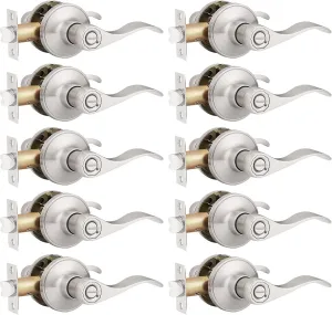 Probrico 10 Pack Privacy Door Lever Thumb Turn Lock on The Inside, Locking Door Handle Set for Bedroom & Bathroom Doors,Keyless Satin Nickel Finish Wave Door Lock, Reversible Right & Left Side Handed