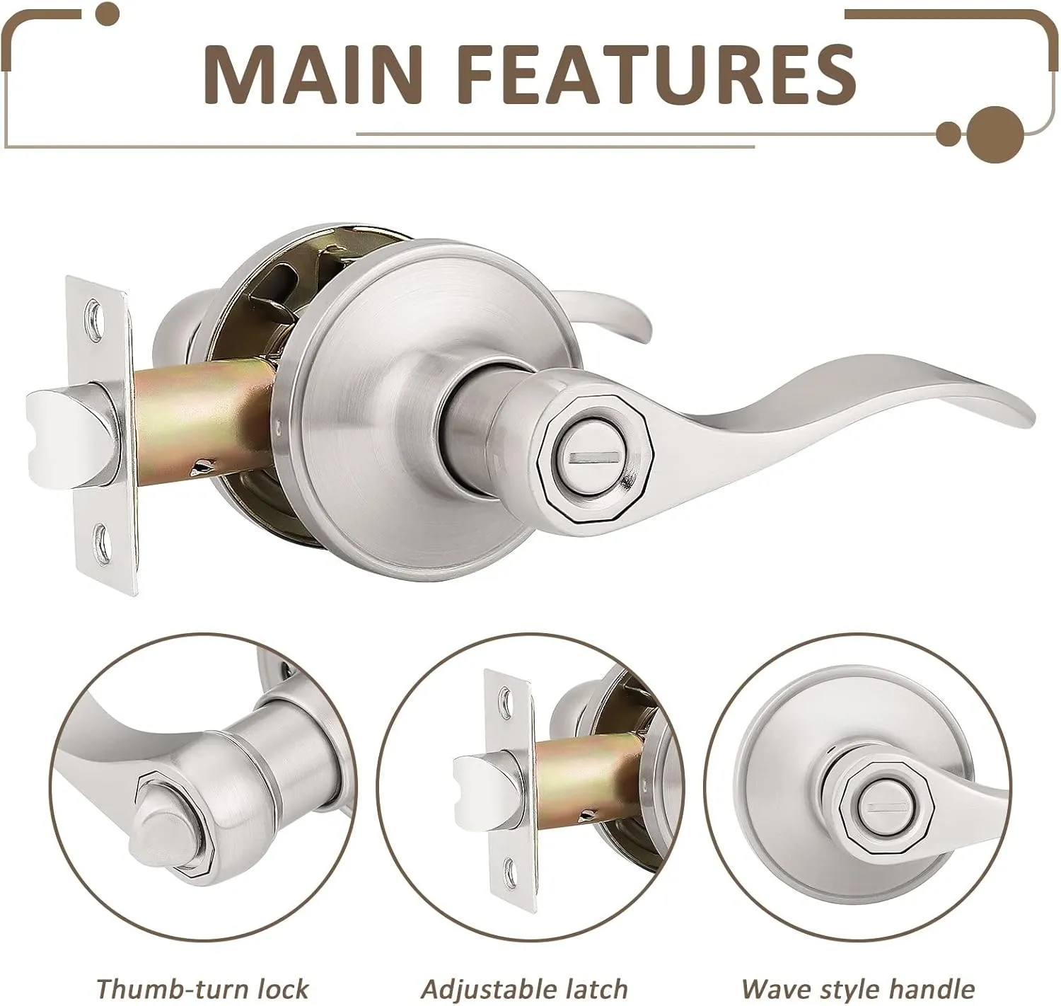 Probrico 10 Pack Privacy Door Lever Thumb Turn Lock on The Inside, Locking Door Handle Set for Bedroom & Bathroom Doors,Keyless Satin Nickel Finish Wave Door Lock, Reversible Right & Left Side Handed