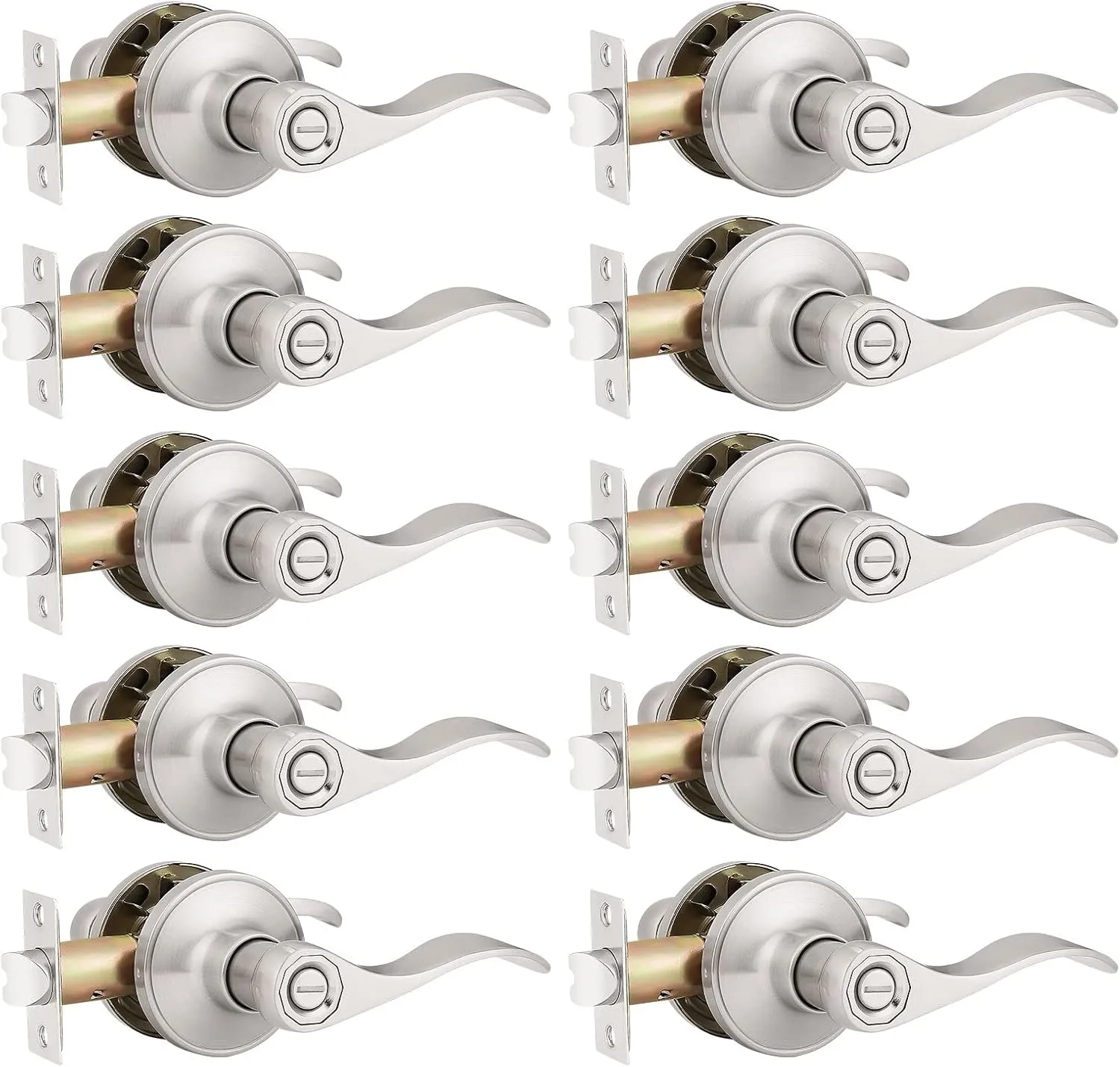 Probrico 10 Pack Privacy Door Lever Thumb Turn Lock on The Inside, Locking Door Handle Set for Bedroom & Bathroom Doors,Keyless Satin Nickel Finish Wave Door Lock, Reversible Right & Left Side Handed
