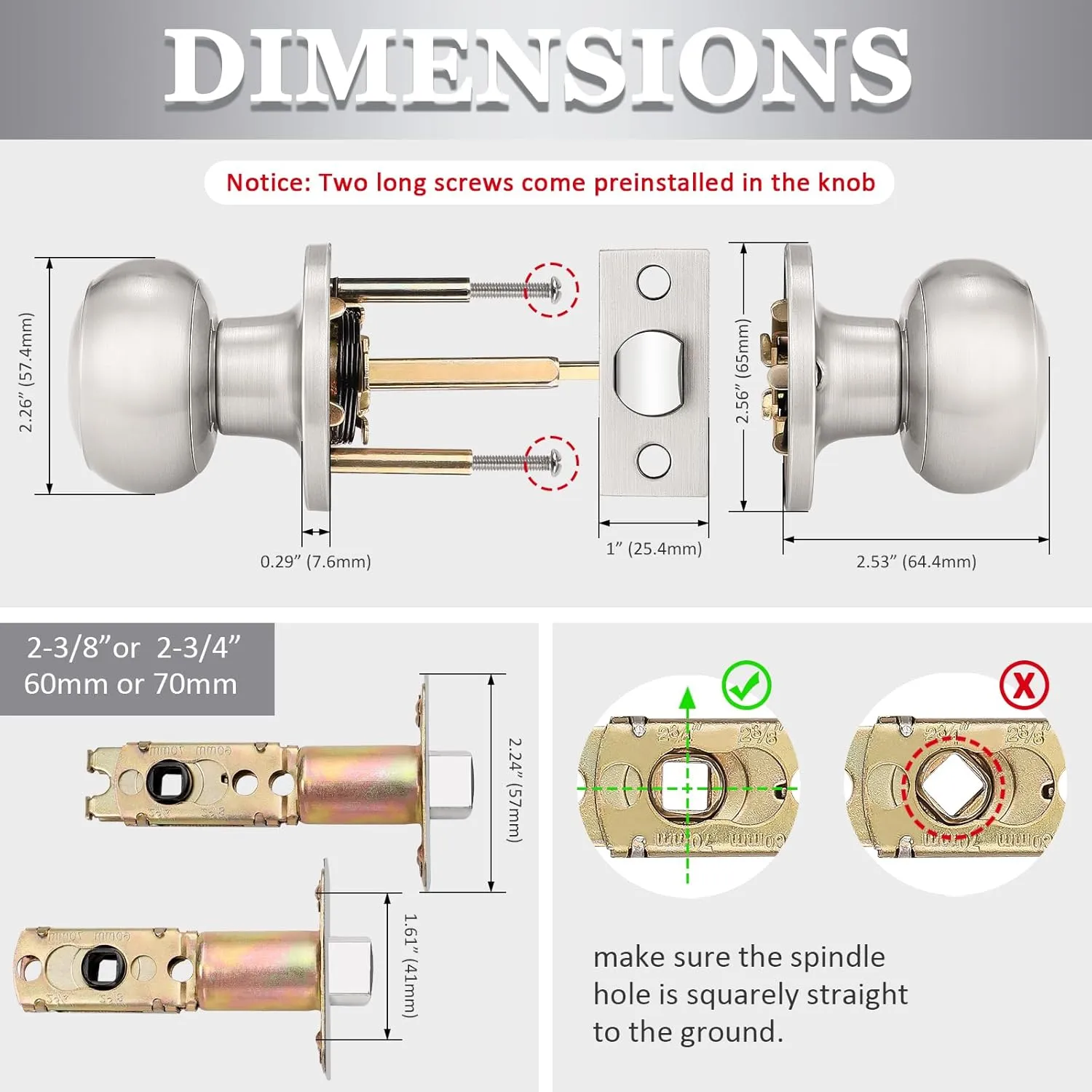 Probrico 2 Pack Round Passage Door Knob (Non-Locking Knobs), Keyless Door Knobs Interior/Exterior Door Lockset, Passage Knobs for Hallway/Closet, Satin Nickel Finish Modern Design Door Hardware
