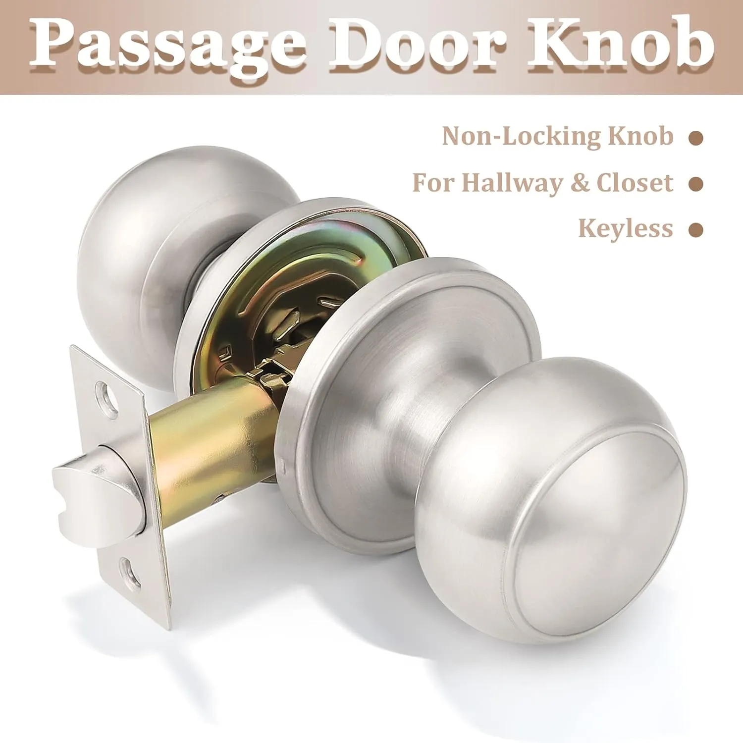Probrico 2 Pack Round Passage Door Knob (Non-Locking Knobs), Keyless Door Knobs Interior/Exterior Door Lockset, Passage Knobs for Hallway/Closet, Satin Nickel Finish Modern Design Door Hardware