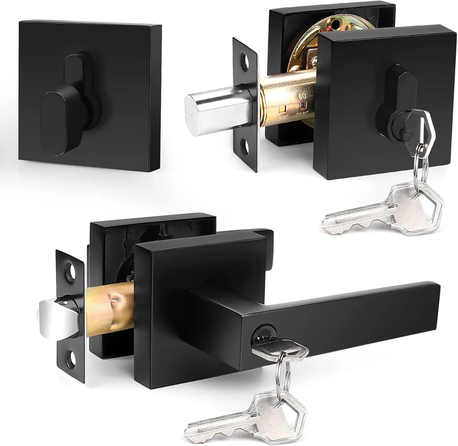 Probrico Flat Black Entry Levers Lock Sets and Single Cylinder Deadbolts Keyed Alike Combination Set, Heavy Duty Square Entry Door Locksets Front Door Bedroom Entrance Handles, 1 Pack(All Same Keys)