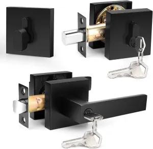 Probrico Flat Black Entry Levers Lock Sets and Single Cylinder Deadbolts Keyed Alike Combination Set, Heavy Duty Square Entry Door Locksets Front Door Bedroom Entrance Handles, 1 Pack(All Same Keys)