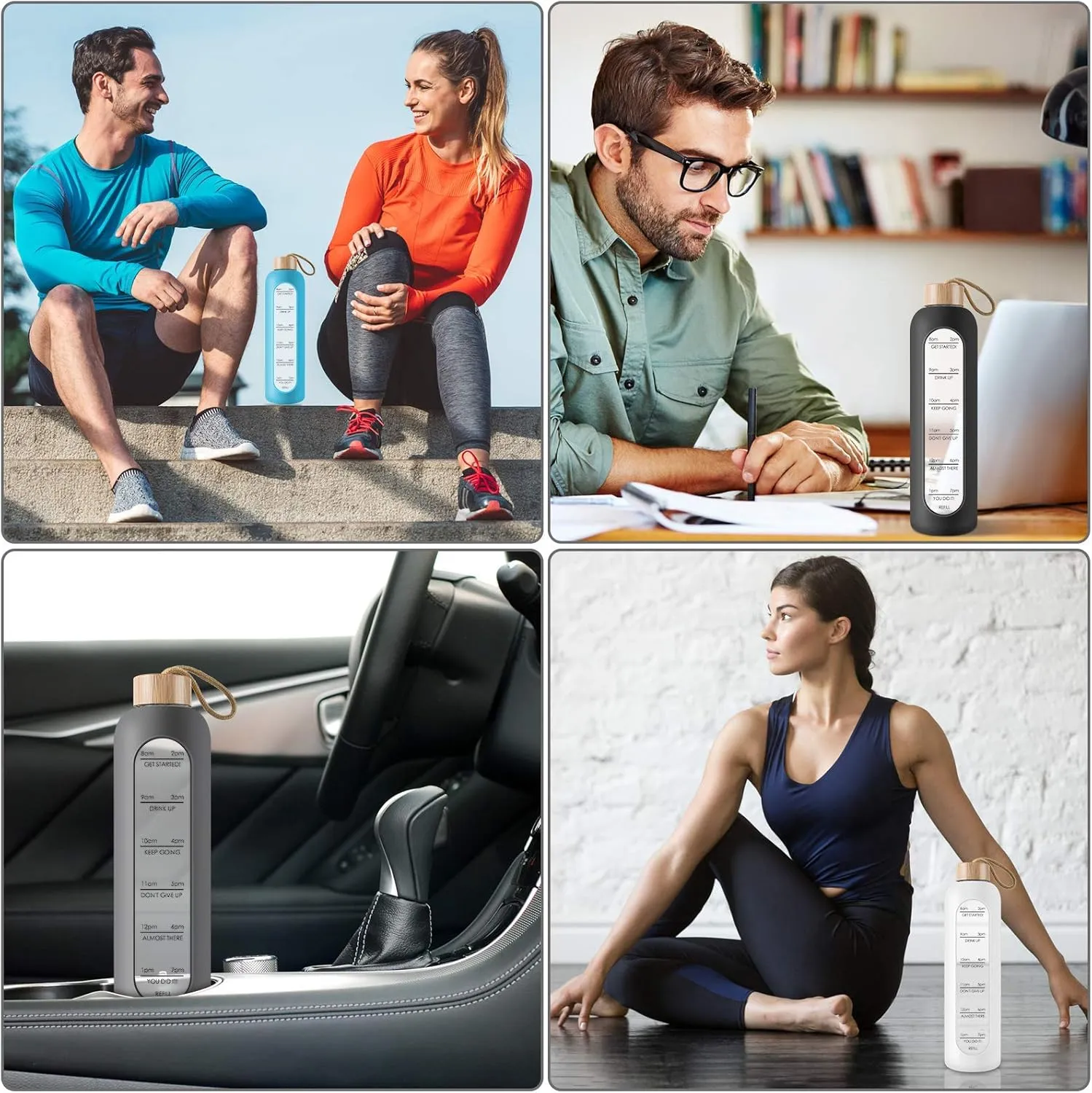 PROBTTL Borosilicate Glass Water Bottle with Time Marker Reminder Quotes, 1 Liter Leak Proof Reusable BPA Free Motivational Water Bottles with Silicone Sleeve and Bamboo Lid