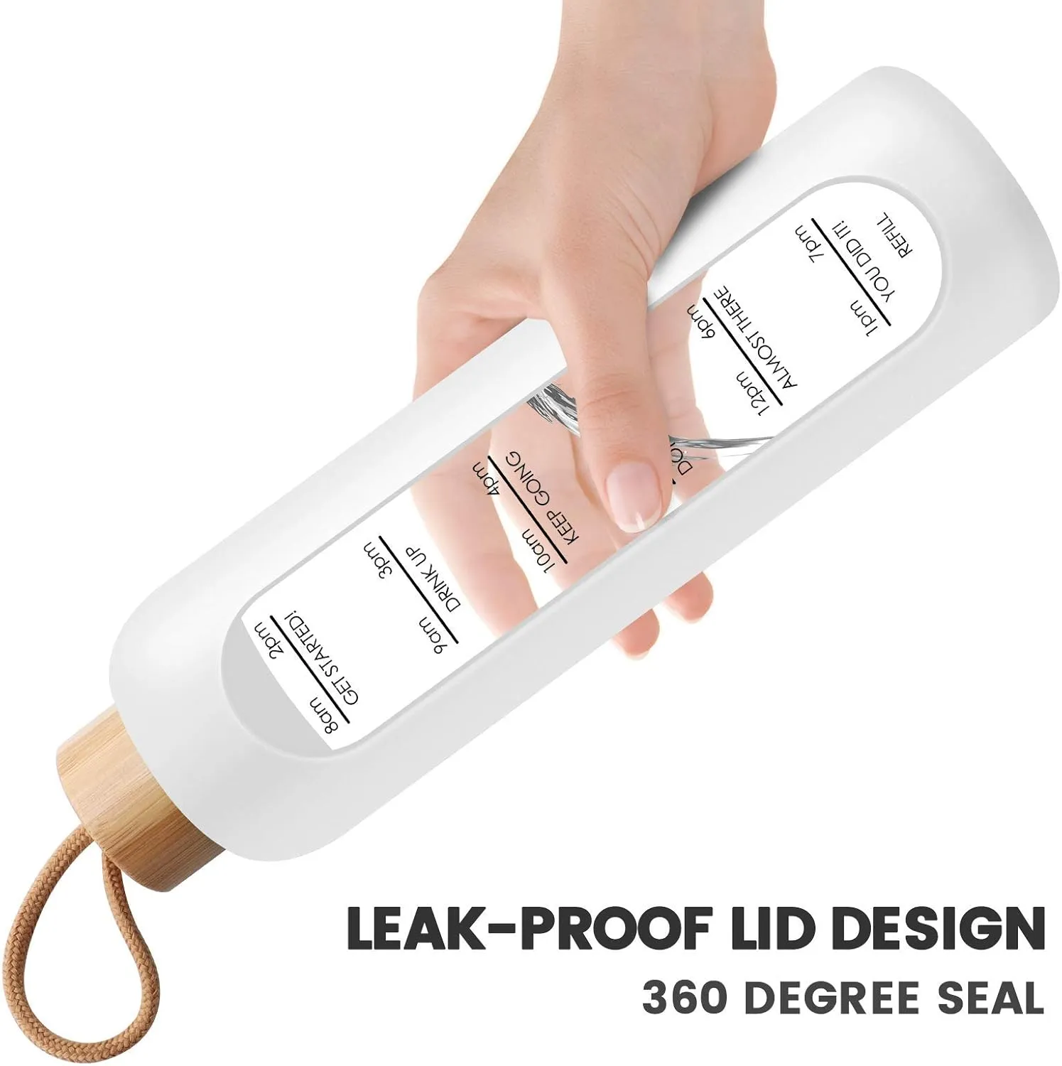 PROBTTL Borosilicate Glass Water Bottle with Time Marker Reminder Quotes, 1 Liter Leak Proof Reusable BPA Free Motivational Water Bottles with Silicone Sleeve and Bamboo Lid