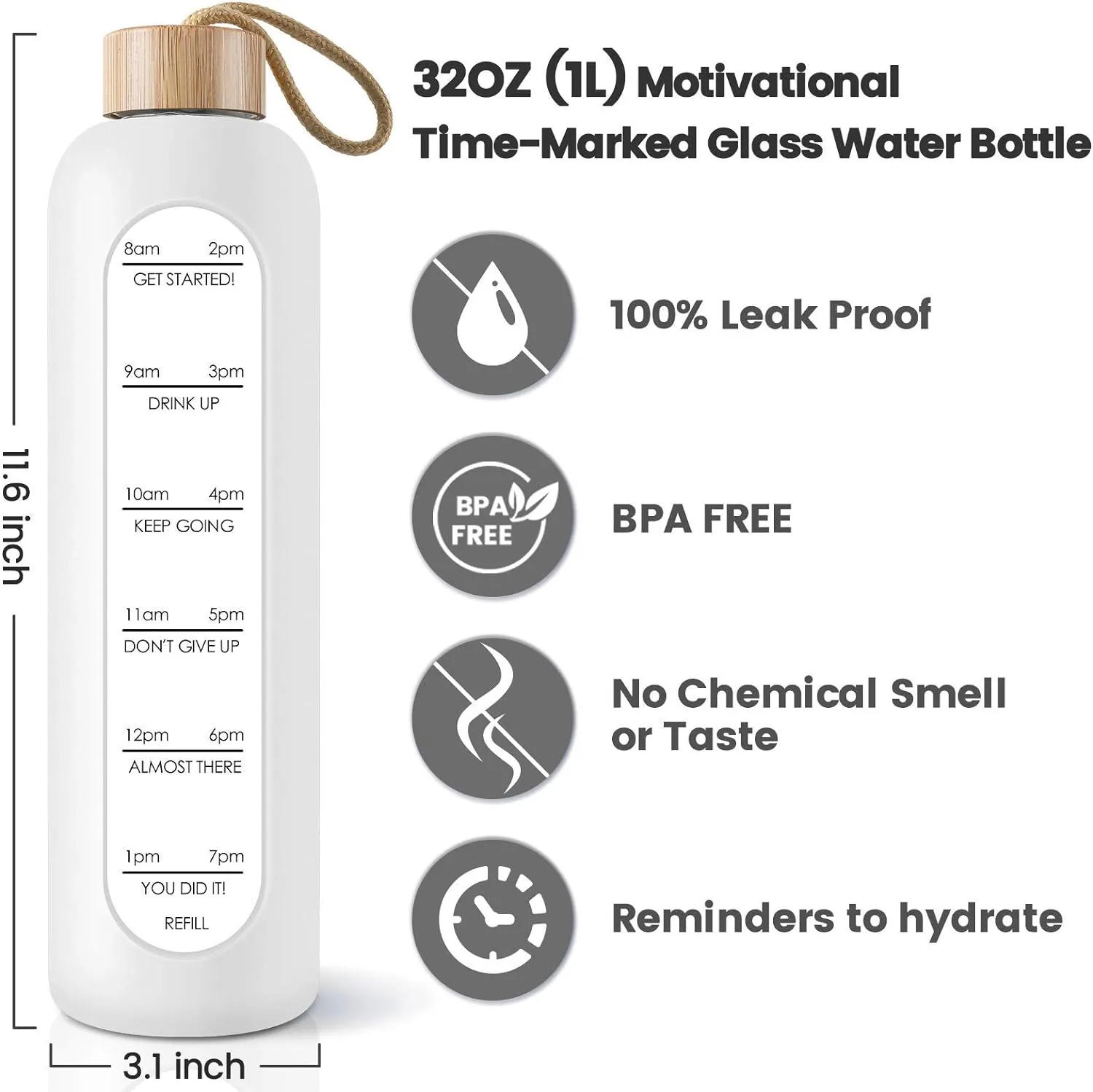 PROBTTL Borosilicate Glass Water Bottle with Time Marker Reminder Quotes, 1 Liter Leak Proof Reusable BPA Free Motivational Water Bottles with Silicone Sleeve and Bamboo Lid