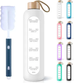 PROBTTL Borosilicate Glass Water Bottle with Time Marker Reminder Quotes, 1 Liter Leak Proof Reusable BPA Free Motivational Water Bottles with Silicone Sleeve and Bamboo Lid