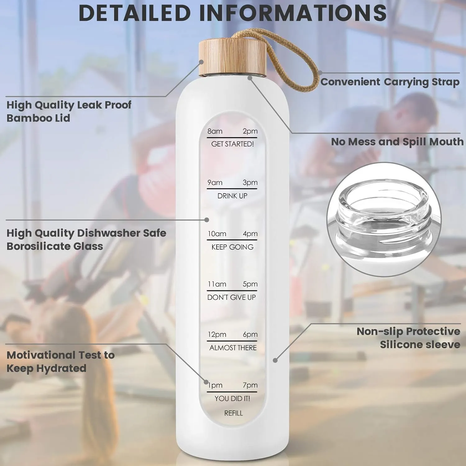 PROBTTL Borosilicate Glass Water Bottle with Time Marker Reminder Quotes, 1 Liter Leak Proof Reusable BPA Free Motivational Water Bottles with Silicone Sleeve and Bamboo Lid