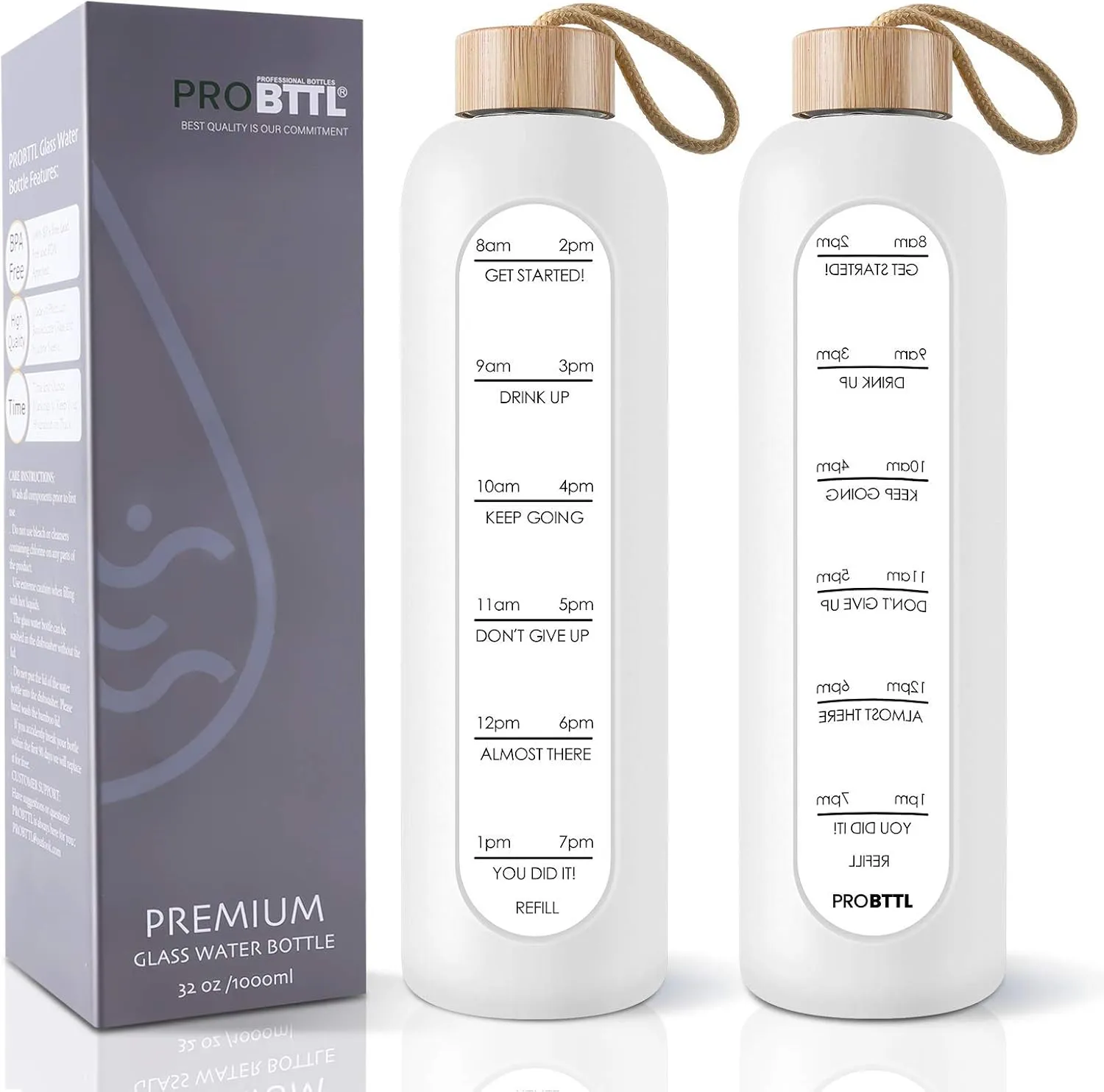 PROBTTL Borosilicate Glass Water Bottle with Time Marker Reminder Quotes, 1 Liter Leak Proof Reusable BPA Free Motivational Water Bottles with Silicone Sleeve and Bamboo Lid