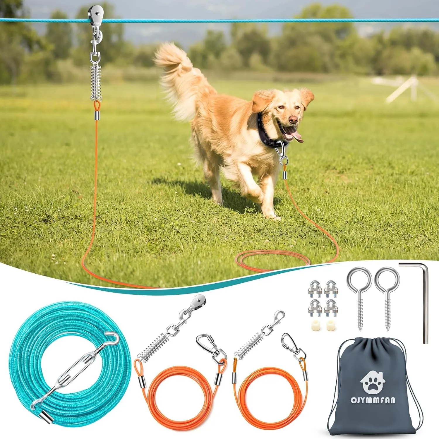 Professional Dog Runner Trolley System，Heavy Duty & Adjustable 40ft Dog Zip Line with 10ft & 15ft Tie Out for Large Dogs Up to 250lbs, Chew Proof Dog Run Cable for Yard, Camping & Outdoor Adventure