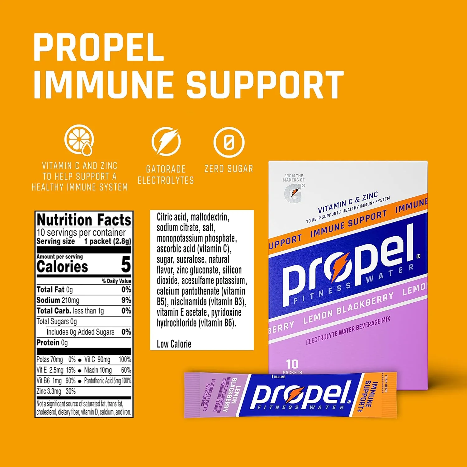 Propel Immune Support With Vitamin C   Zinc Powder Packets, Lemon Blackberry, 10 Count (Pack of 12)