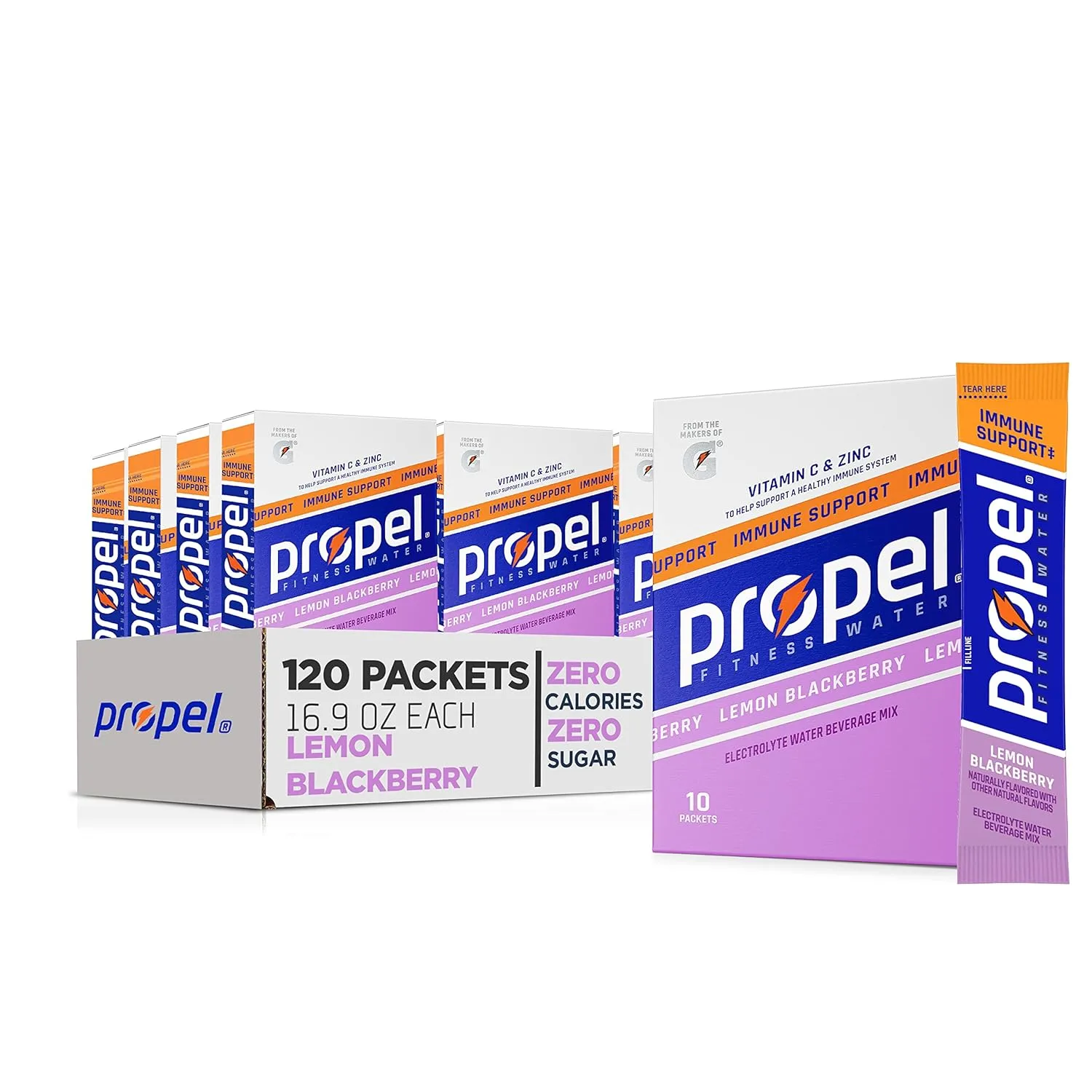 Propel Immune Support With Vitamin C   Zinc Powder Packets, Lemon Blackberry, 10 Count (Pack of 12)